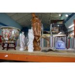 Japanese jardinière on carved stand, large wooden carved figure of a geisha, two porcelain ex etc.