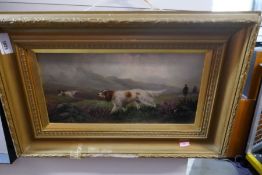 Gilt framed oil on canvas depicting Spaniels on hunt signed 'W.Gowely'