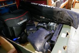Box of mixed photographic equipment, including vintage 35mm cameras and lenses etc