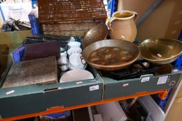 Two boxes of mixed items to include metalware, Wedgwood teaware, cased silver plated cutlery etc