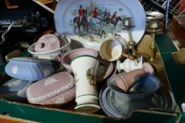 Box of mostly Wedgwood, Jasperware in blue and pink colours