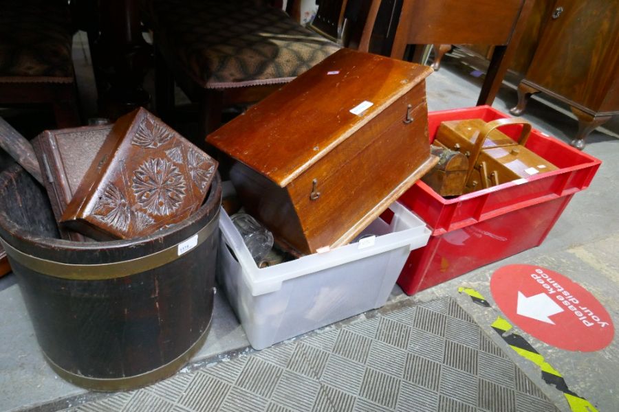 A brass bound bucket and sundry