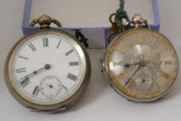 One hallmarked silver ladies pocket watch with floral engraved dial with gilt overlay, and another w