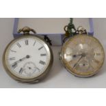 One hallmarked silver ladies pocket watch with floral engraved dial with gilt overlay, and another w