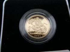 22ct '2001 United Kingdom Gold Proof Sovereign' No. 04362, in presentation box and Certificate of Au