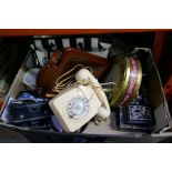 Box of mixed collectables including vintage 35mm camera, telephone and inlaid boxes