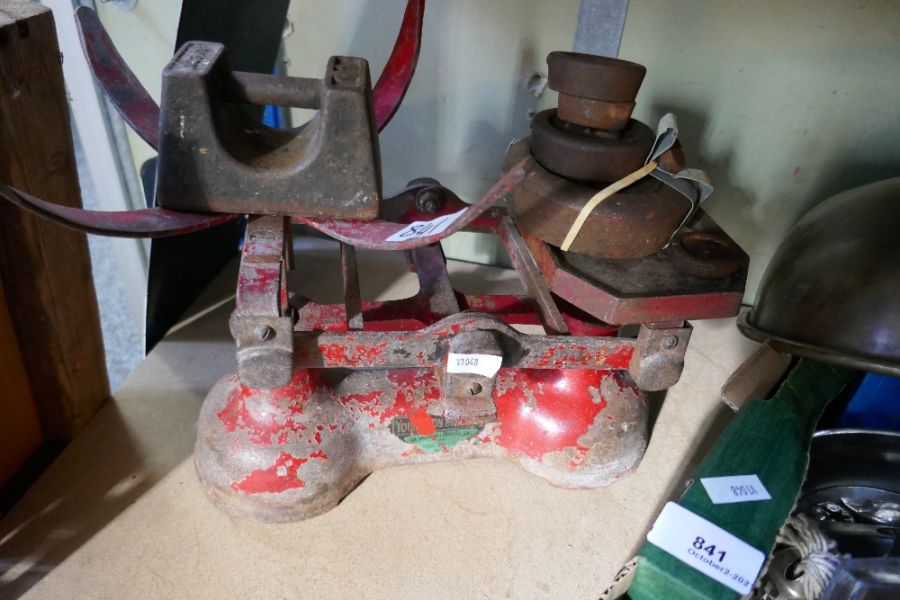 Box of mixed silver plated ware set scales, weights, glass display case - Image 2 of 3