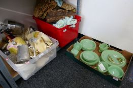 Box of mixed China including Aynsley, box mixed sundry, carved panel etc and box of green purex styl