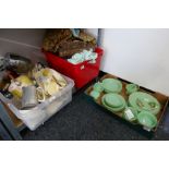 Box of mixed China including Aynsley, box mixed sundry, carved panel etc and box of green purex styl