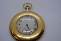 18ct yellow gold half hunter pocket watch the case marked 18, initials AB, slight crack to glass, AF
