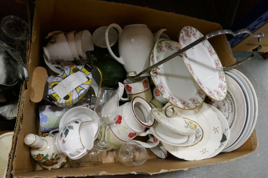 Three boxes of mixed china, glassware including crested china images, decanters, pottery shire horse - Image 3 of 4