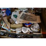 Box of mixed items including Japanese teaware, records and prints etc