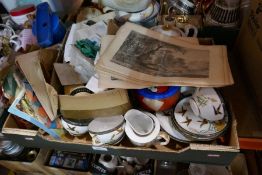 Box of mixed items including Japanese teaware, records and prints etc
