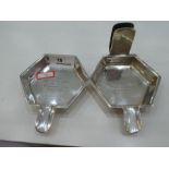 Two silver Hexagonal ash trays, one with a matchbox stand. With engraved message dated. Hallmarked B