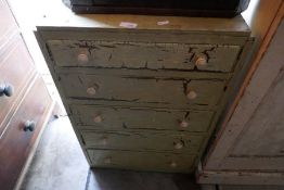 Vintage distressed green painted bedside chest, five graduating drawers