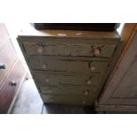 Vintage distressed green painted bedside chest, five graduating drawers