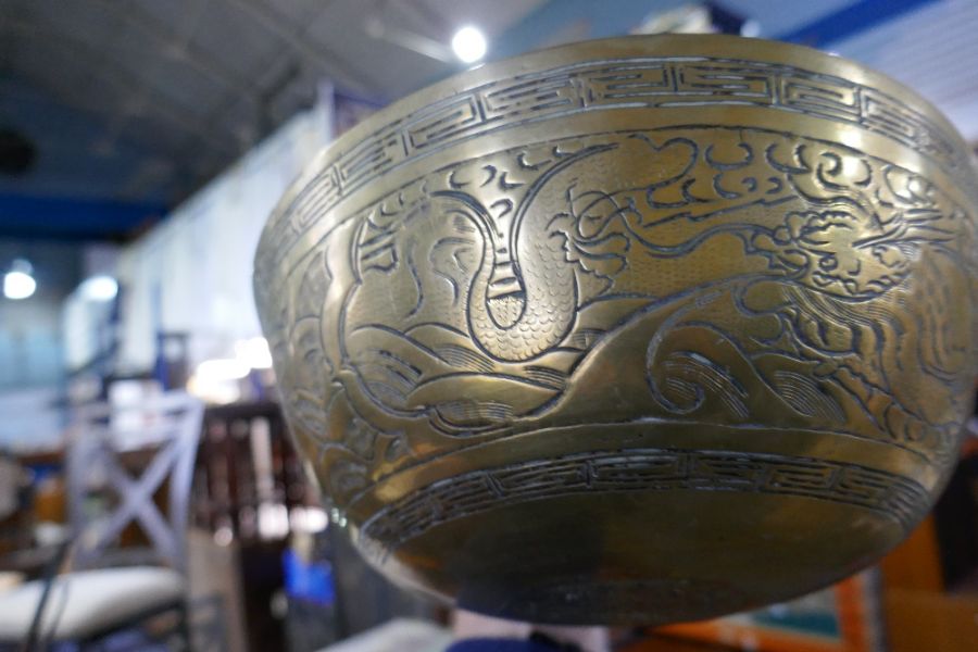 A Chinese brass bowl with engraved decoration and sundry metalware - Image 3 of 4