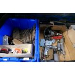 Box of vintage wooden tools and boxed Stanley hand drill and box of pneumatic air gun heads