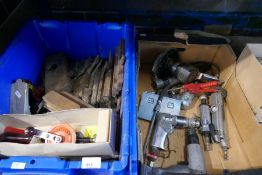 Box of vintage wooden tools and boxed Stanley hand drill and box of pneumatic air gun heads