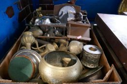 Box of mixed metalware including brass candlesticks, silver plate etc