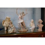 A Nao figure of two dancers and other figures and a box of misc. glass and china