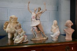 A Nao figure of two dancers and other figures and a box of misc. glass and china