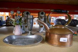 A mixed selection of metalware and china including copper kettle, tankards, tray, etc. 'Give us our