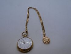 A French 19ct yellow gold Watch on a 18ct yellow gold watch chain. The watch case has a floral desig