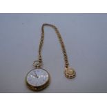 A French 19ct yellow gold Watch on a 18ct yellow gold watch chain. The watch case has a floral desig