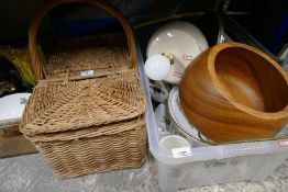 Crate containing Royal Worcester Evesham, lamp, wicker picnic basket etc Picture and mirror