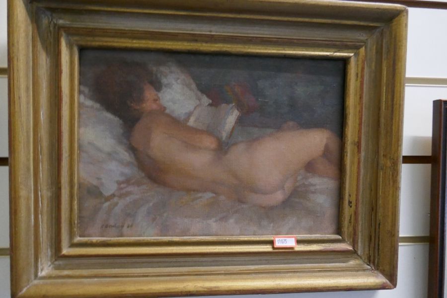 Ronald Benham; a late 20th century oil painting of female nude lying on bed reading, signed and date