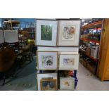 Two framed and glazed pencil signed Olga Knight watercolours depicting Shire horses, two framed wate