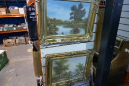 Two oil on canvas landscape pictures in gold frames