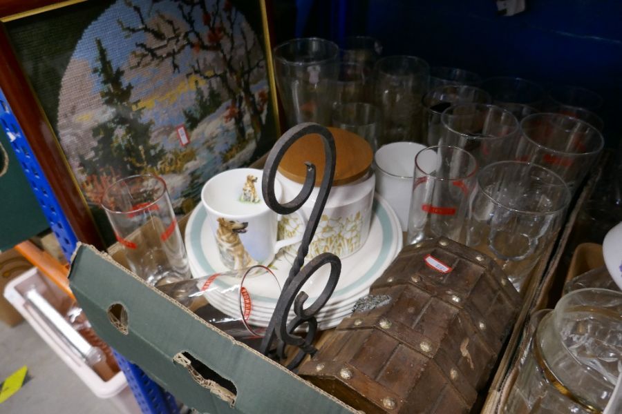 Four boxes of mixed china, glassware and sundry including Nokia 3120, advertising glass, wooden box - Image 4 of 4