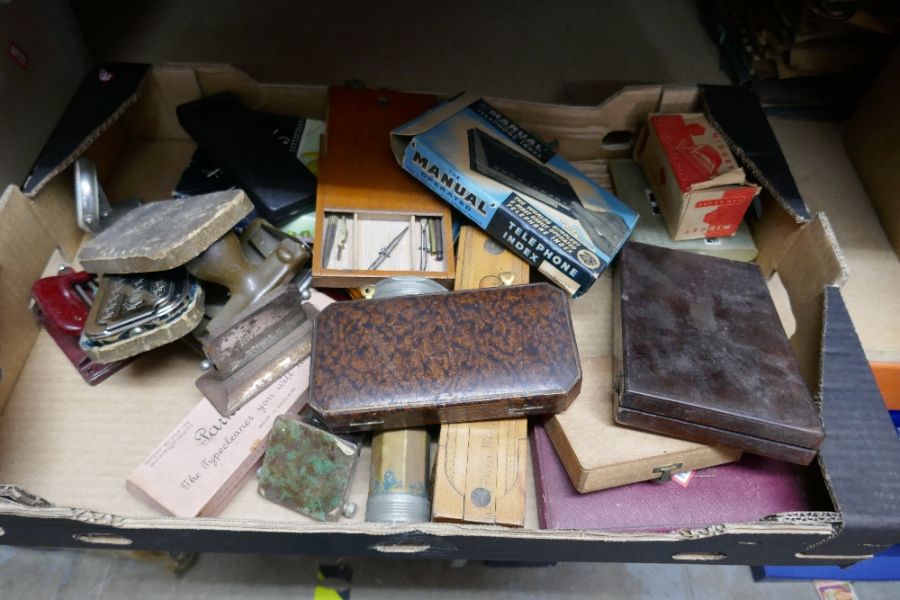 Box of collectables including vintage stationery, darts, geometry sets, etc