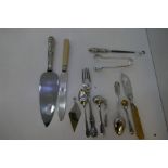 A selection of silver and white metal items to include flatware, pencil holder, button hook, silver
