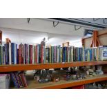 A shelf of mostly hardback books including vintage railway, classic cars, etc, including a box of Or