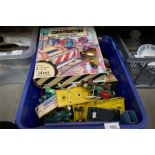 Box of vintage die cast model vehicles including Dinky, Matchbox, Corgi etc