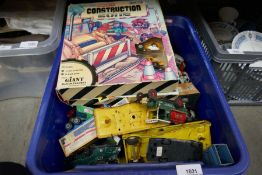 Box of vintage die cast model vehicles including Dinky, Matchbox, Corgi etc
