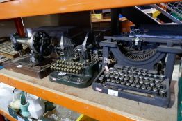 Two vintage typewriters, one a Remington, one called the Oliver, including vintage Singer sewing mac