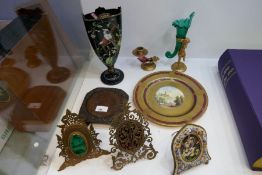 Two similar Victorian pierced brass easel photo frames, a Victorian brass vase painted birds and fol