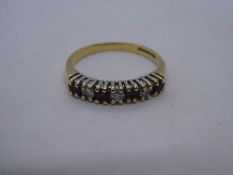 18ct yellow gold half eternity ring set rubies and diamonds, size O, marked GJ, 750, 2.6g approx