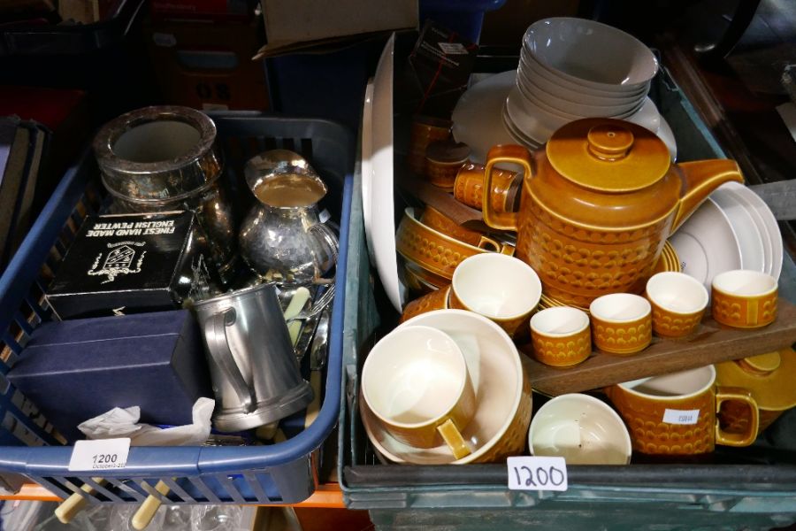 A box of mixed metalware including beaten jug, pewter etc and a box of mostly Hornsea china