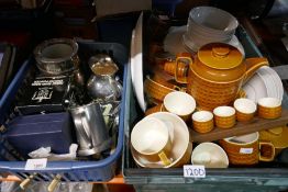 A box of mixed metalware including beaten jug, pewter etc and a box of mostly Hornsea china