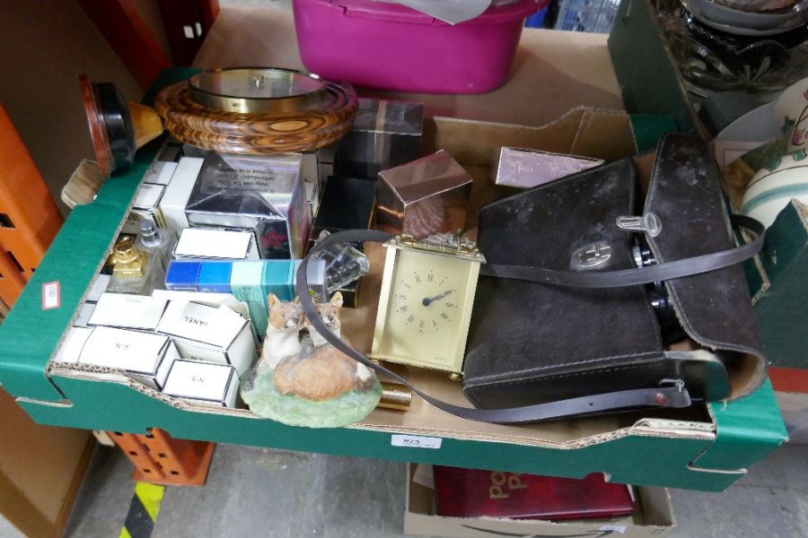 Boxed mixed items to include various ladies perfumes, mantle clock  cased Hanimex binoculars