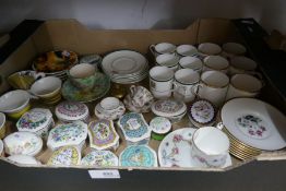 A box of fine china including Wedgwood, Crown Staffordshire, etc