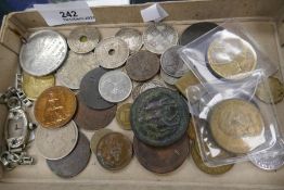 A small quantity of mixed coins, a 1990 U.S.A. proof set and an Art Deco ladies watch