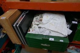 Box of vintage linen, cases etc