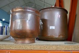 Large copper pot plus similar smaller two handled ex with presentation plaque