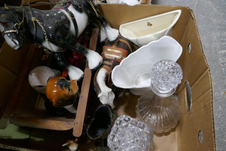 Three boxes of mixed china, glassware including crested china images, decanters, pottery shire horse - Image 4 of 4